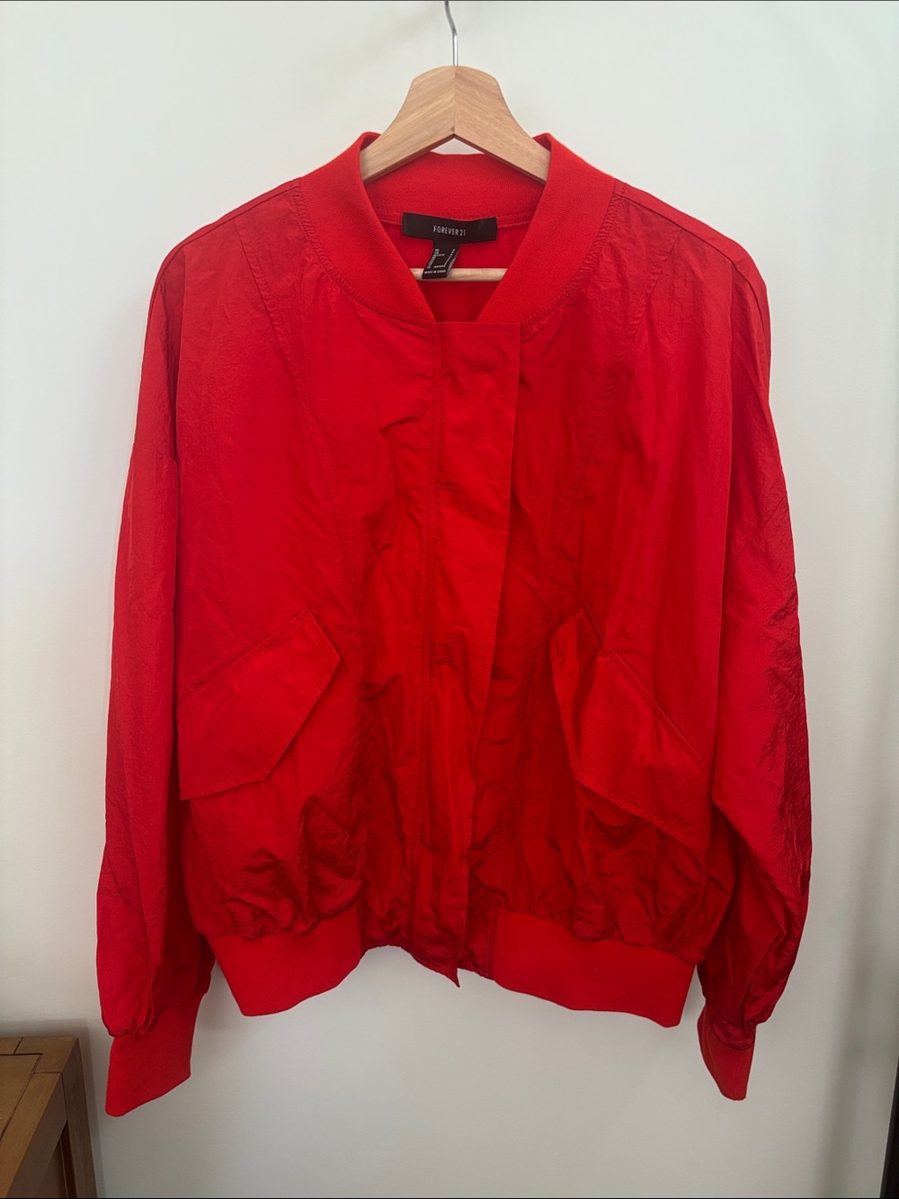 Forever 21 Red Bomber Jacket in Bold Red Parachute material, Size S